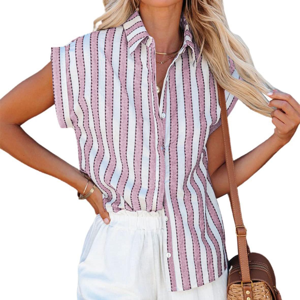 

Весенне-летние блузки с лацканами, полосатая рубашка с коротким рукавом, женские свободные однобортные рубашки L