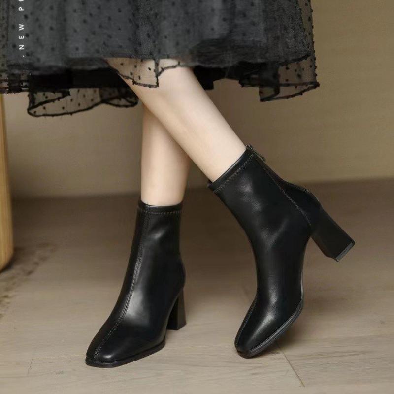 High-heeled boots thick heel white short boots women's autumn new thin boots women's rear zipper square head looks thin