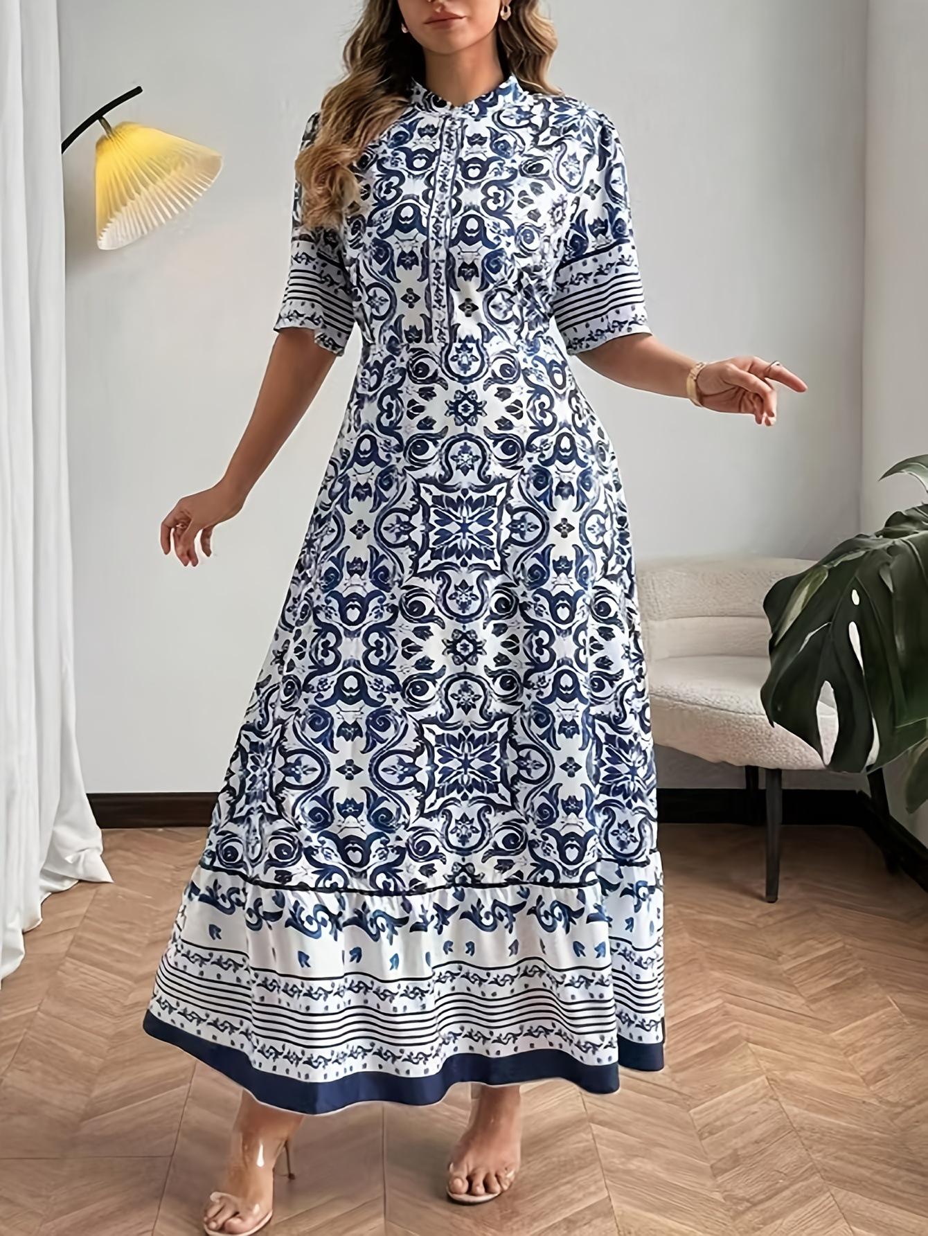

European and American Holiday Blue Retro Ethnic Print Dress - Slim Fit 3XL