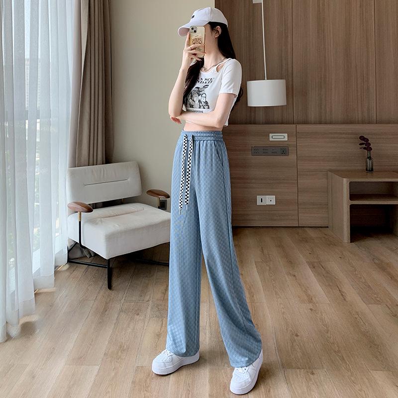 2025 Women's Checkered Wide-Leg Ice Silk Pants - Slim-Fit, High-Waisted, Draped, Summer & Spring