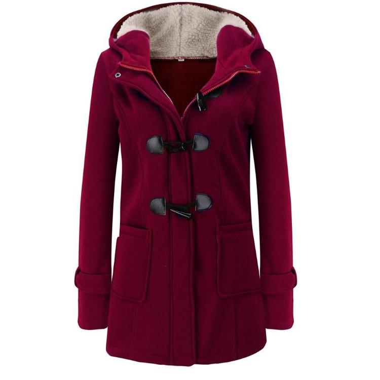 Manteau d'hiver chaud à capuche en polaire Automne Femme Élégant Long Mince Vestes Manteau Vêtements d'extérieur Boutons en corne Poches Mode Décontracté