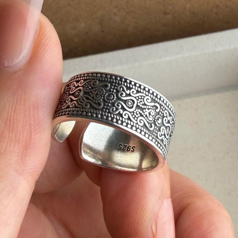 BF CLUB 925 Sterling Silver Ring For Women Jewelry Pattern Retro Open Vintage Handmade Ring Allergy For Party Birthday Gift