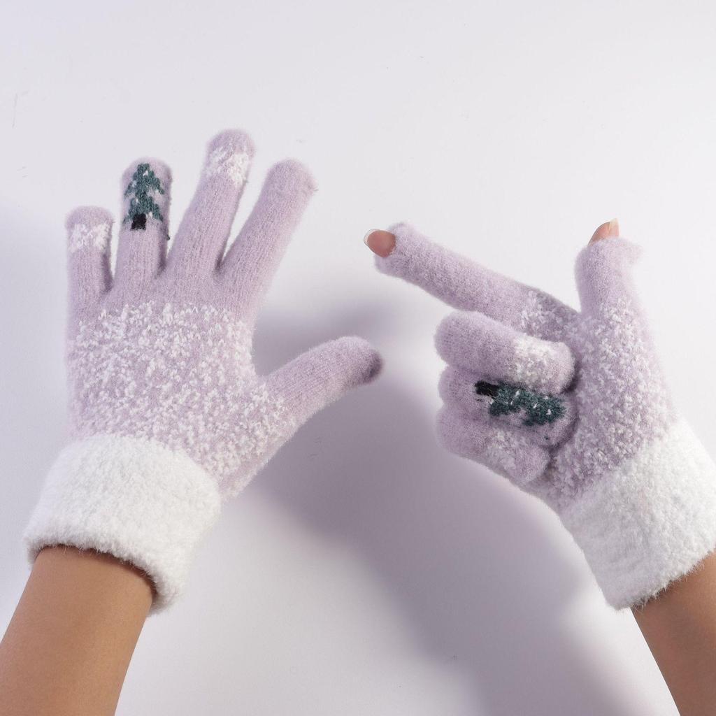 Women's Fingerless Woolen Touchscreen Gloves - Warm, Cute, Christmas Tree Design