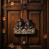 Artistic Wooden Wall Art Halloween Welcome Hanging Sign, Vintage Farmhouse Door Hanger with Skeleton Pumpkin Creative Party Prop Ghost, Decorative