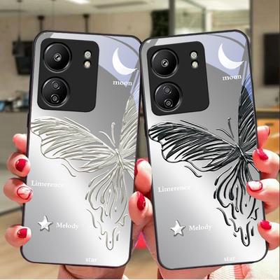 Metallischer Schmetterling für Xiaomi Redmi 13C Note13 12 Pro Plus 5G Note 9 13T Pro POCO X6 F5 F6 Schwarze Handyhülle aus gehärtetem Glas