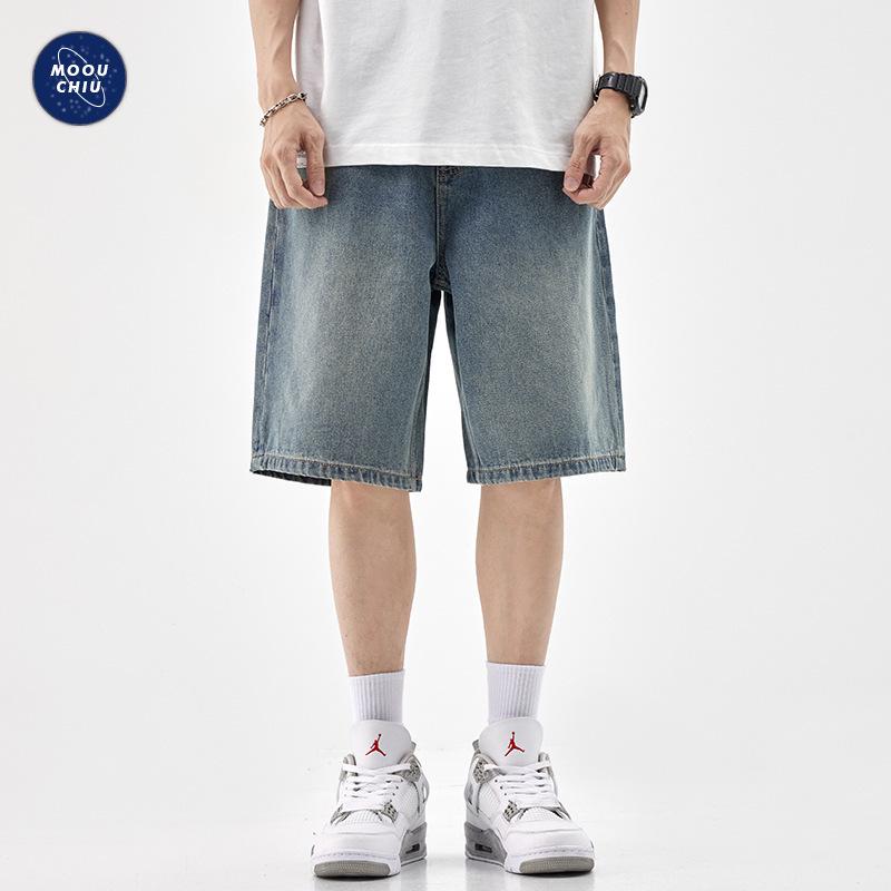 Mu Qiu Men's Denim Shorts | Trendy Plus Size Retro-Wash Straight Shorts