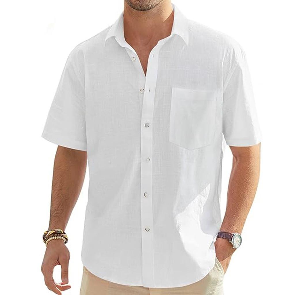 Men Simple Solid Color Lapel Short Sleeve Casual Shirt With Pocket