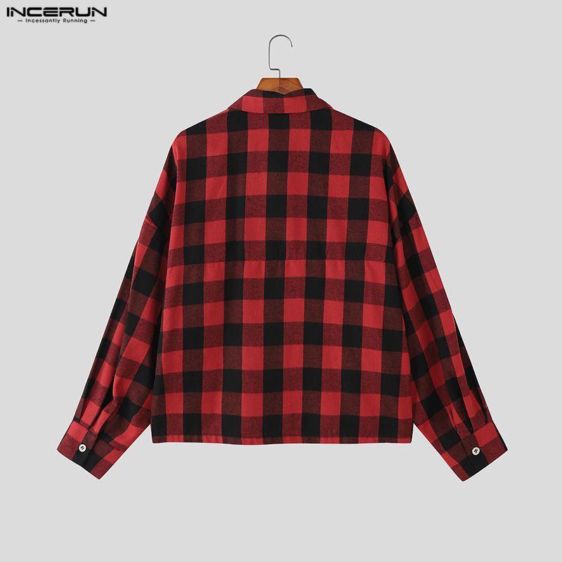INCERUN S-XXXXXL Men Turn Down Collar Long Sleeve Plaid Loose Casual Shirts