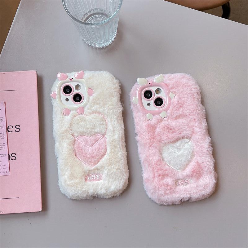 Herbst/Winter Cartoon Pig Linsenrahmen Plüsch-Handyhülle für iPhone 15 14 13 12 11 Pro Max All-Inclusive-Fallschutzhülle