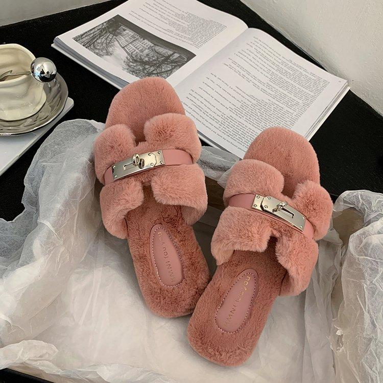 Internet Celebrity Fluffy Slippers Women Wear 2024 Autumn and Winter New Thick Bottom One-word Drag Small Fragrant Style Plush Slippers