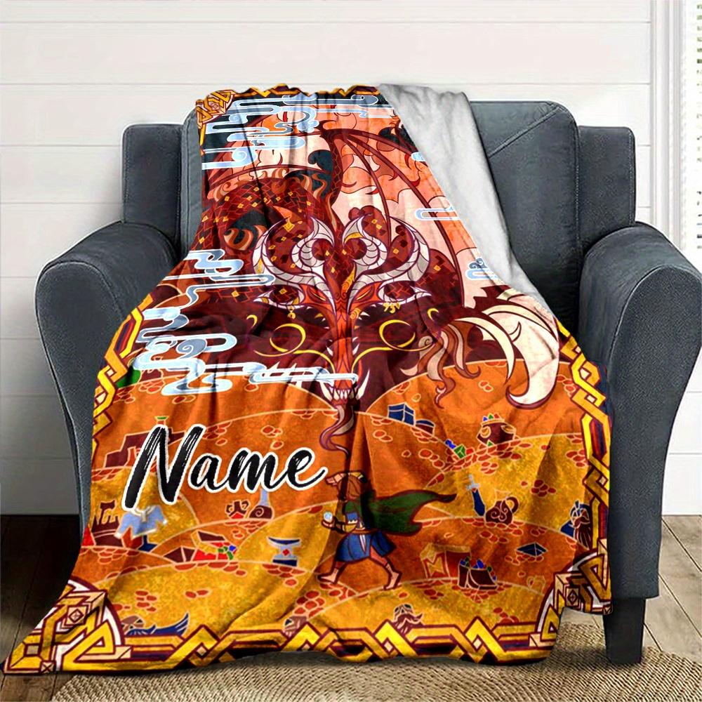 Fantasy Dragon And Warrior Blanket With Customizable Name Comfortable In All Seasons Suitable For Sofas Beds Travel Camping And Office Decoration A