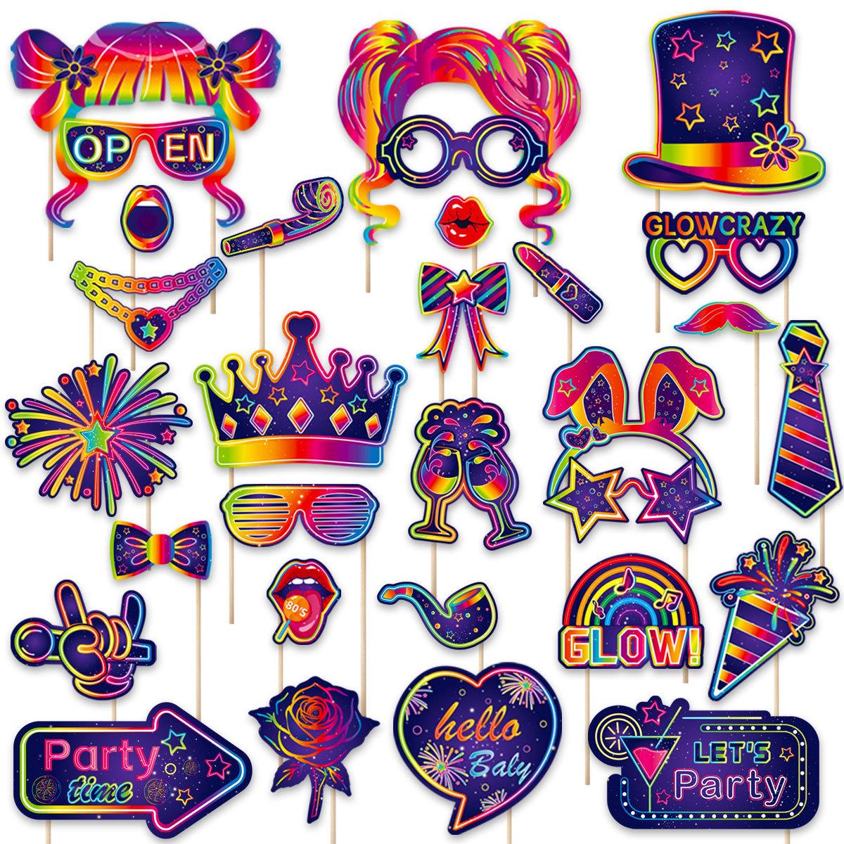 

30Pcs/Set 80s 90s Disco Music Club Theme Glow Photo Booth Props Dress Up Paper Masks for Birthday Retirement Party Decoration