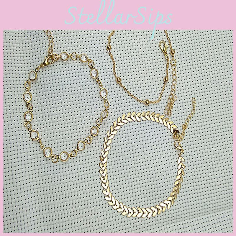 Ensemble de 3 pièces de cheville exquise d'été pour la plage, chaîne chevrons, cristal zircon