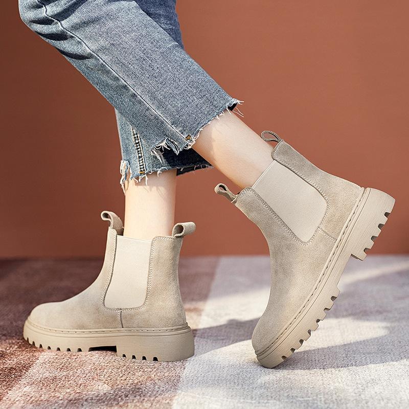 Women Genuine Leather Short Boots Round Toe Cow Suede Leather Handmade Retro Street Style Winter Warm Flats Ankle Boots