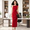 Women's Fashion Year Summer New Item Shows Temperament Red Dress Diagonal Neck Sleeveless Pleated Design Medium and Long Dress
