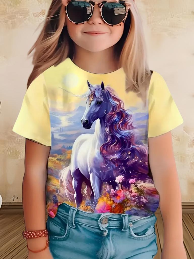 Children's clothing, girls' short-sleeved T-shirts, boys' casual retro horse print children's summer clothing, girls' tops, round neck T-shirts