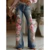 Women's Mid Waist Floral Embroidered Flare Leg Denim Jeans Casual Long Pants