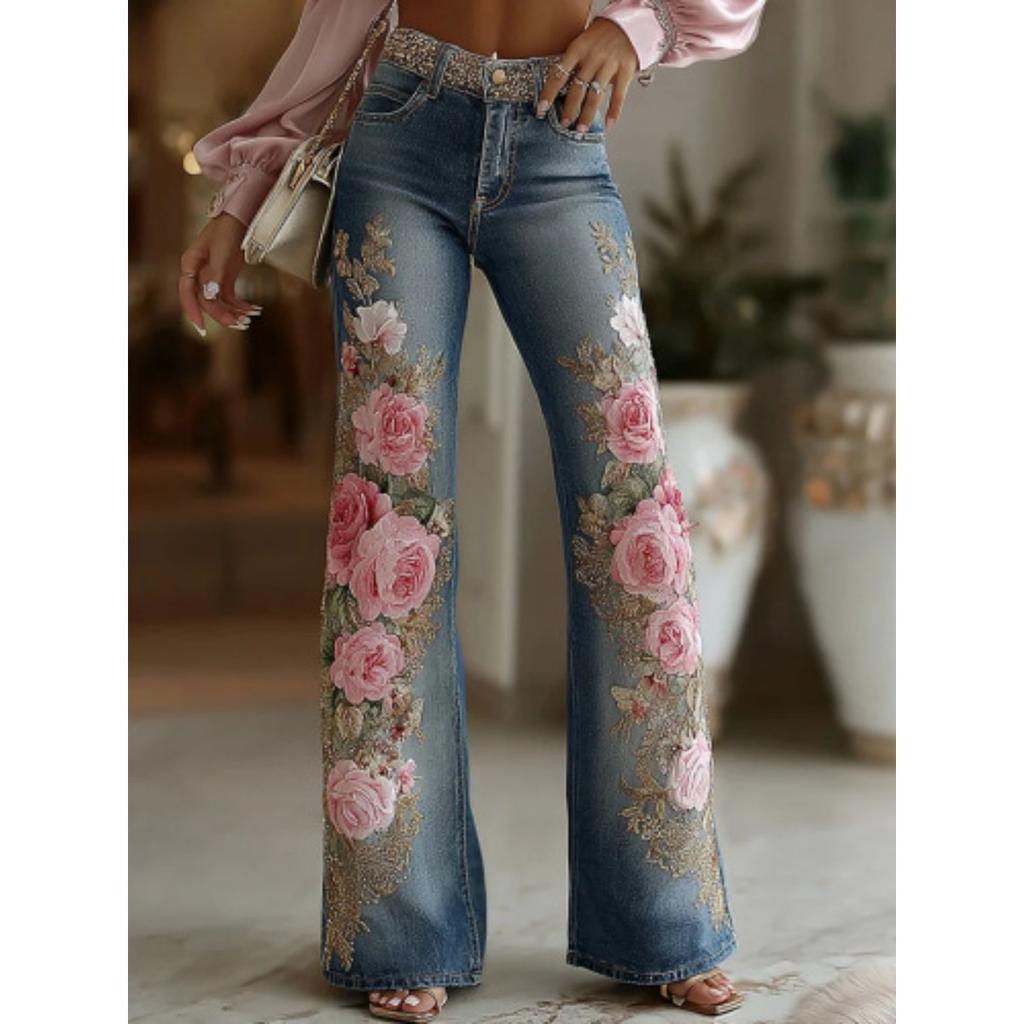 Women's Mid Waist Floral Embroidered Flare Leg Denim Jeans Casual Long Pants