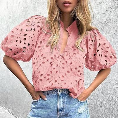 Women Tops V-Neck Puff Short Sleeves Hollow Out Crochet Shirt Solid Color Loose Fit Blouse Outdoor Leisure Wear