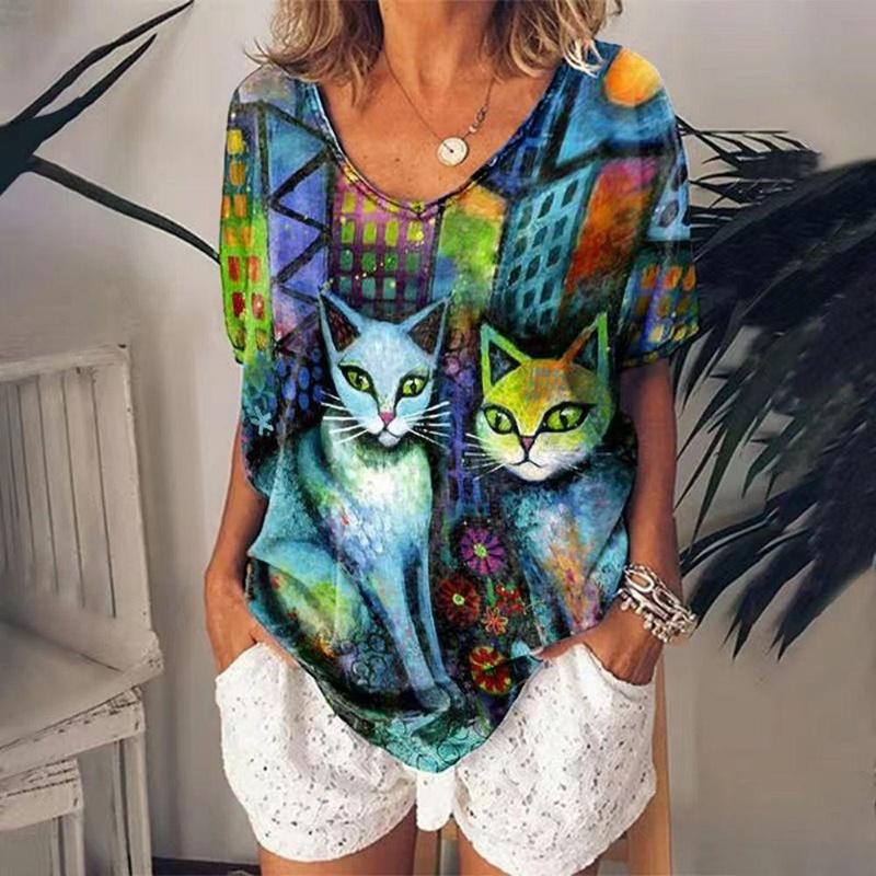 Women's 3d Cats Print T-Shirt Fashion Woman Blouses 2025  Funny Kawaii V-Neck T Shirt Female Clothing Oversized Summer Tops Tees