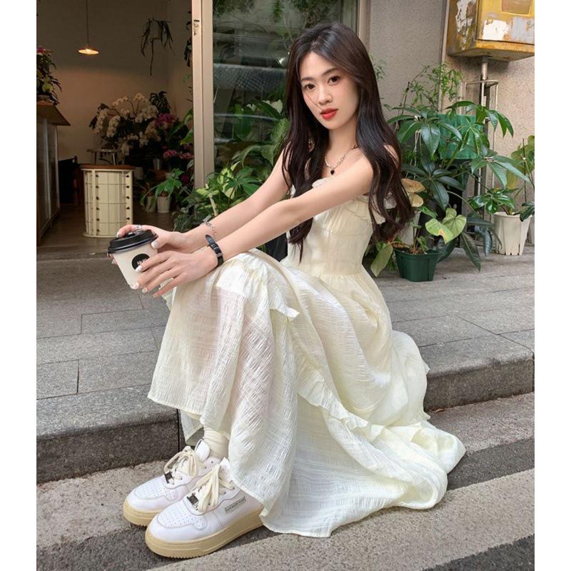 Summer 2025 Women's Ruffle Strap Sundress - Sweet French Waist-Slimming Long Dress