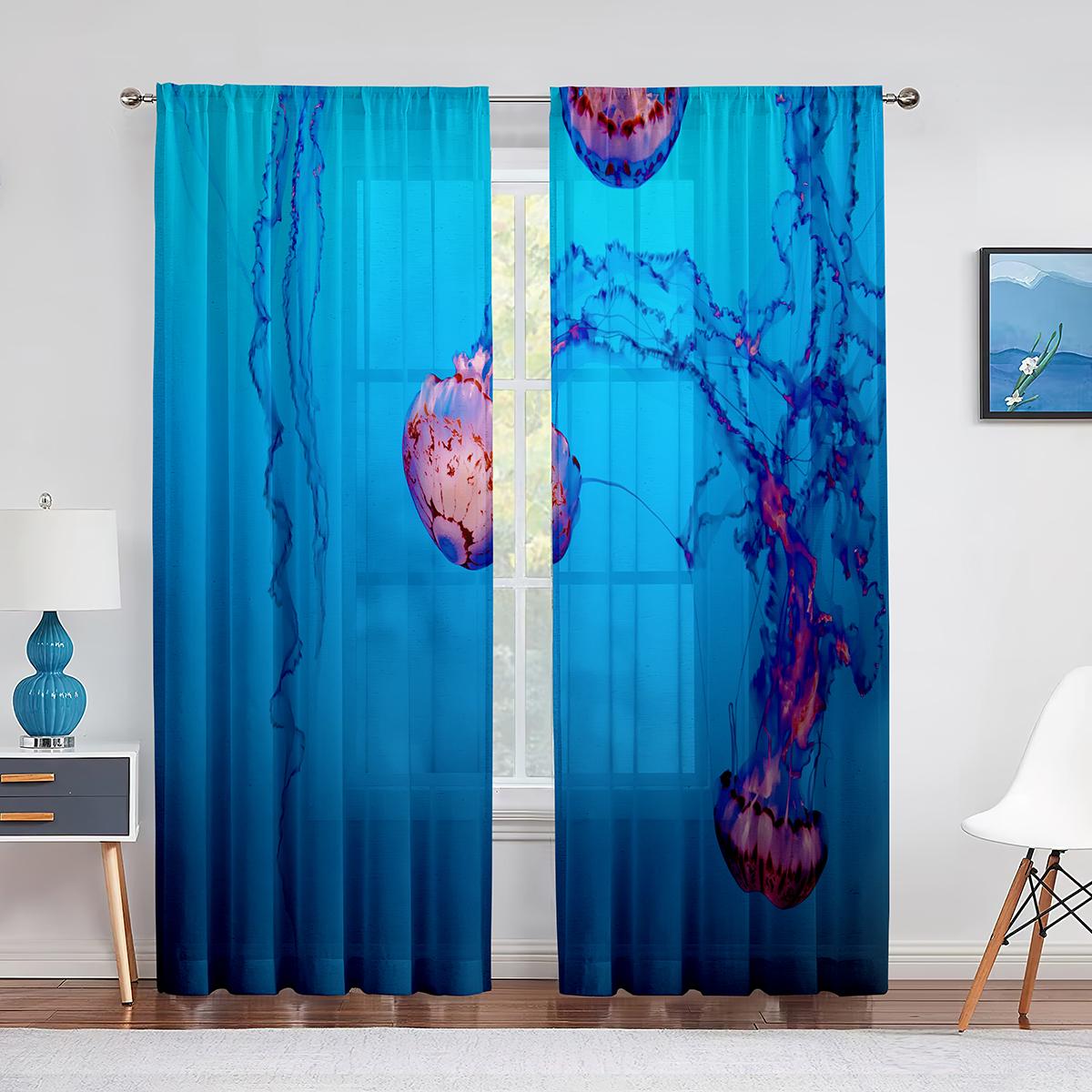 

Океанский синий медуза Подводный мир Прозрачные вуалевые шторы для кухни, гостиной, спальни, декор, тюлевые шторы, оформление окна 1 PCS W100XH250cm&Grommet Top