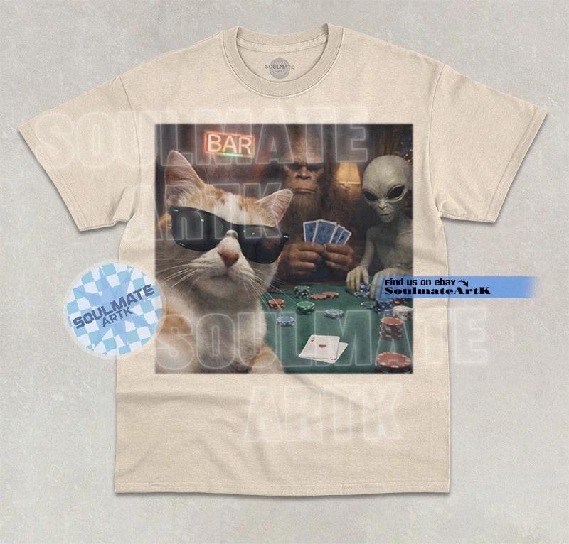 Cat Playing Poker With Bigfoot & Alien T-Shirt Funny Meme Poker Lover Shirt S