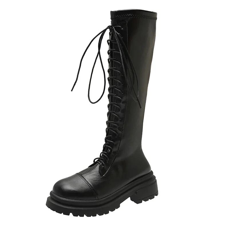 Fashion 2024 High Quality Shoes for Women Lace Up Women's Boots Autumn Round Toe Solid High Tube Block Heel Fashion Boots Zapatos Mujer