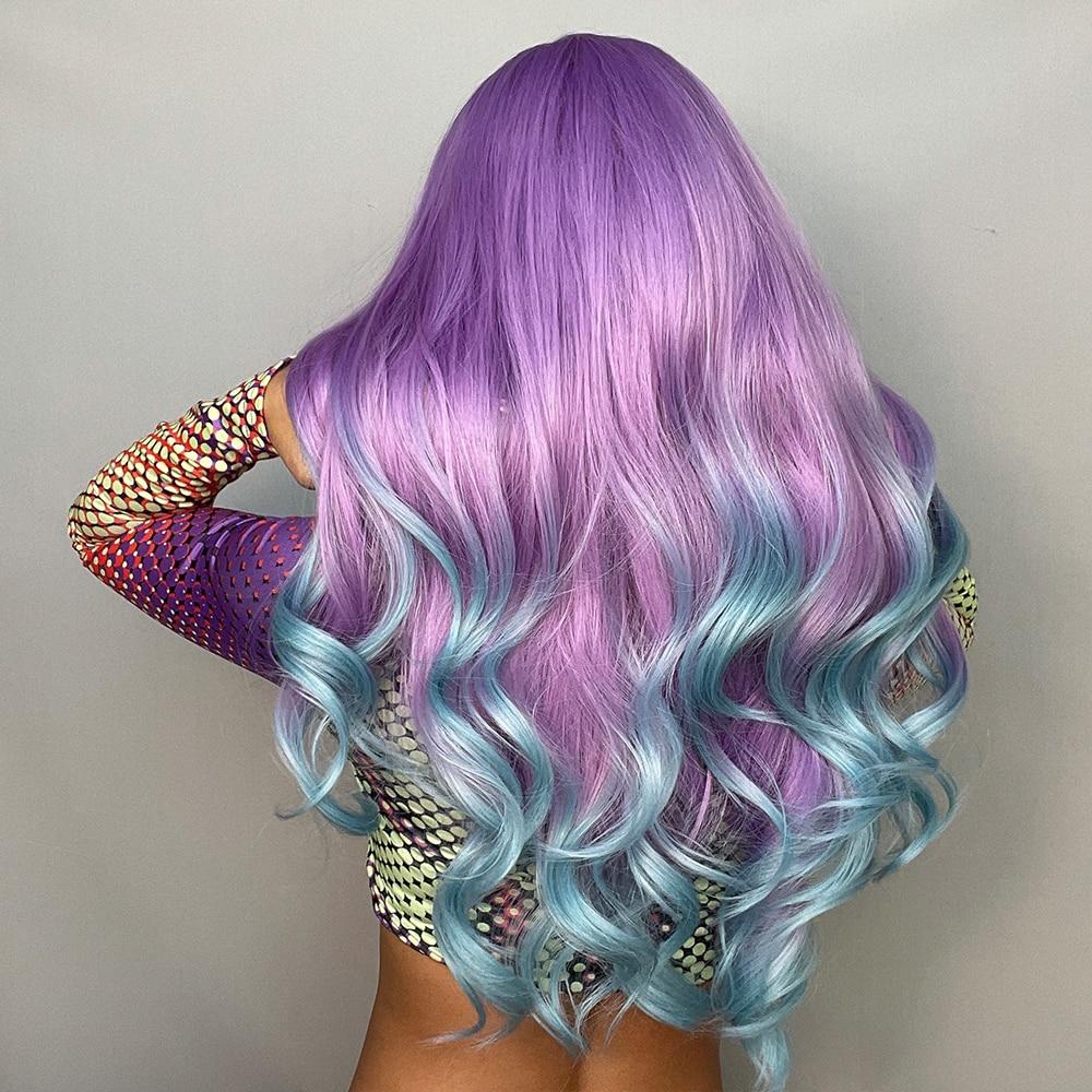 Synthetische Lange Wellige Perücke Ombre Lila Zu Blau Für FRAUEN Cosplay Halloween Perücken Hitzebeständige Faser Pony Haar