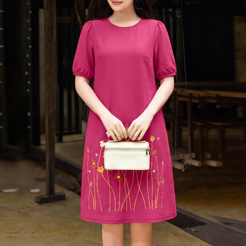 

ZANZEA Women Casual Round Neck Floral Embroidery Summer Short Sleeve Dress 5XL темно-рожевого кольору