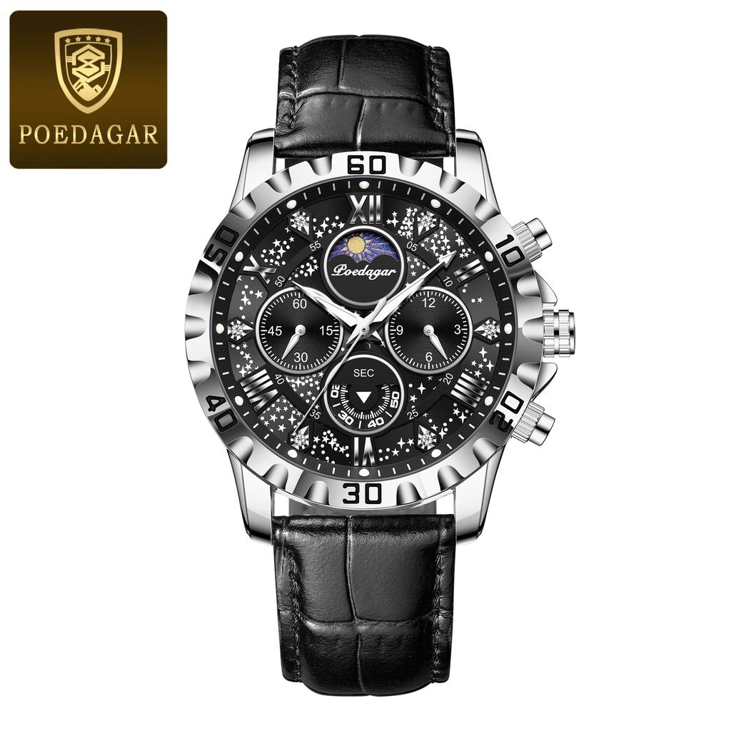 POEDAGAR Original Military Man Wristwatch Waterproof Luminous Chronograph Leather Strap Watches for Men Quartz Watch Reloj