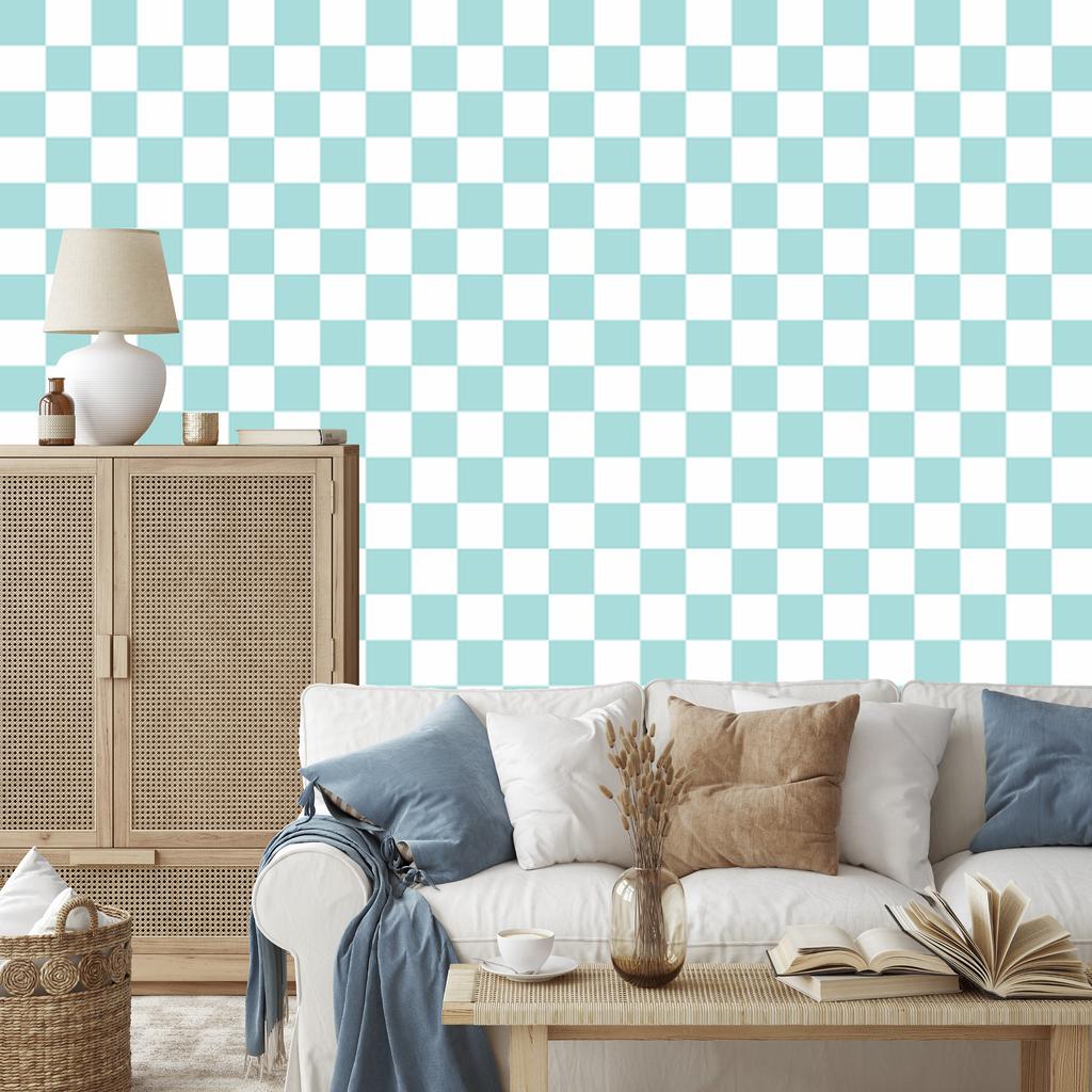 Checkerboard Wallpaper White and Celadon for Living Room and Bedroom 50x1000