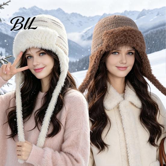 Winter Outing Accessories Women Trapper Hat, Wool Blend Knitted Hat with Ear Flaps, Fuzzy Trim, Warm Knit for Cold Weather Hiking Skiing Outdoor Caps