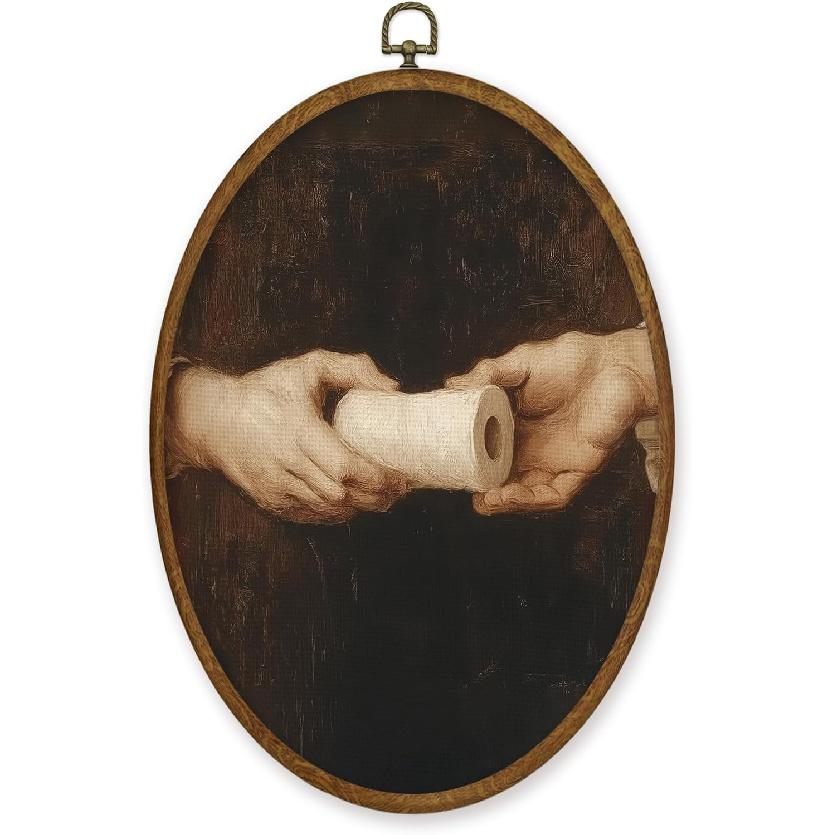 MZKZCHFE Funny Bathroom Oval Wall Art Decor, Vintage Bathroom Oval Canvas Prints Framed, Retro Classical Hands Holding Toilet Paper Wall Decor for