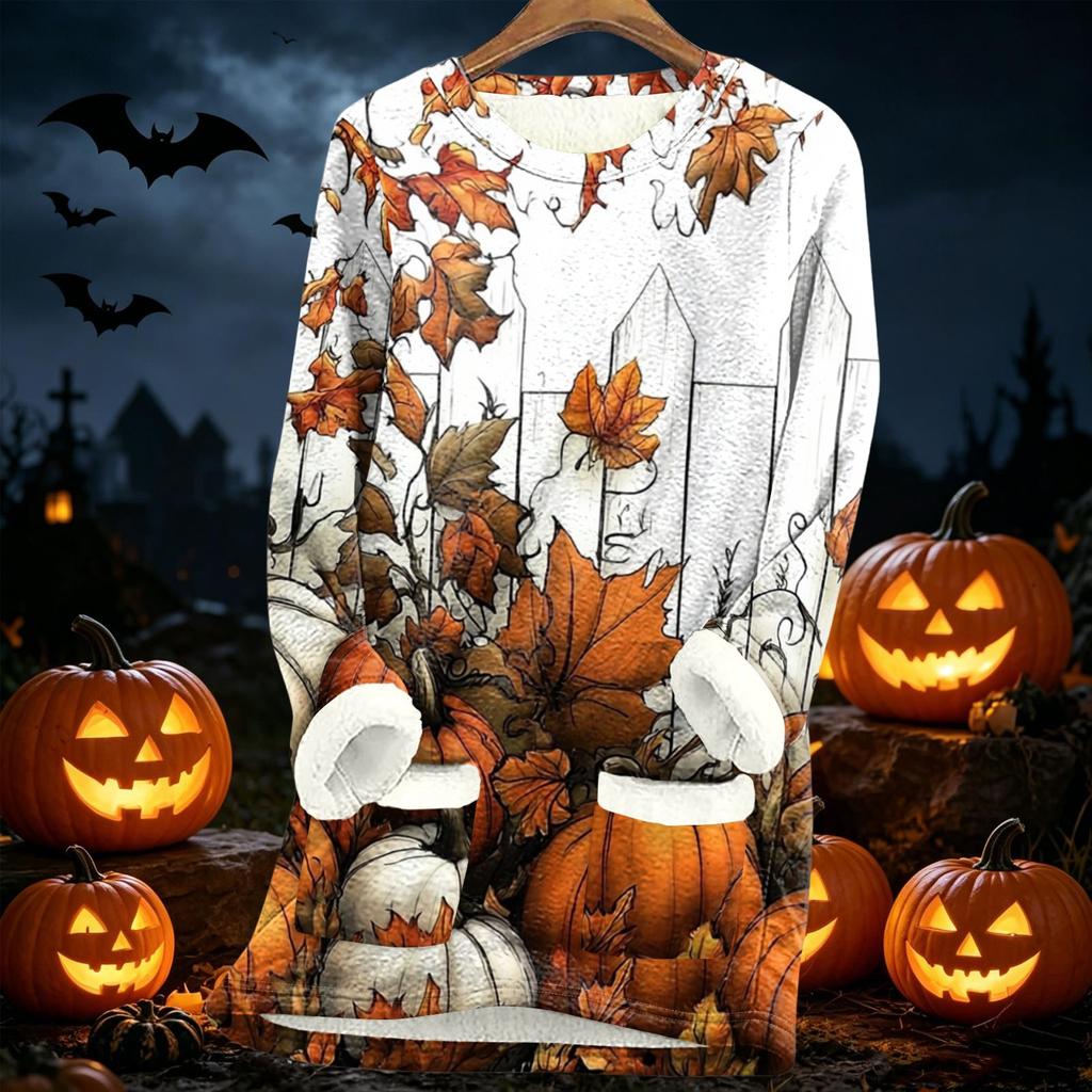 Long Sleeve Fleece Lined Pullover Sweatshirt with Halloween Print Thickened Sherpa Lining Warm Casual Loose Fit Top for Women Autumn Winter