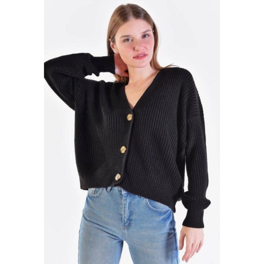 Damen Strickjacke in Steinfarbe mit V-Ausschnitt und Knöpfen