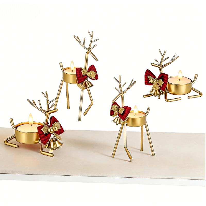 Christmas Bell Bow Metal Candle Holder Festive Reindeer Table Centerpiece for Holiday Decor Rustic Iron Craft