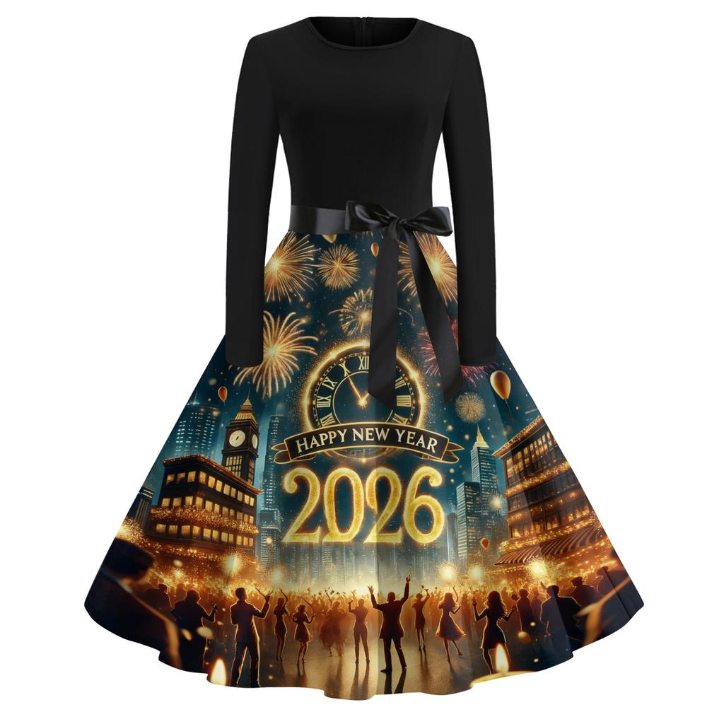 Women's Casual Fashion Round Neck Long Sleeve New Year Printed Retro Dress