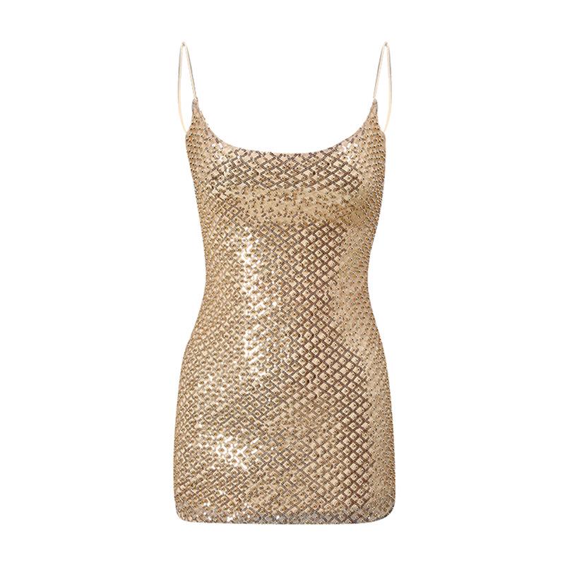 2026 Spaghetti Strap Beaded Hot Stamping Tight-fitting Sexy Women s Dress Small золотой