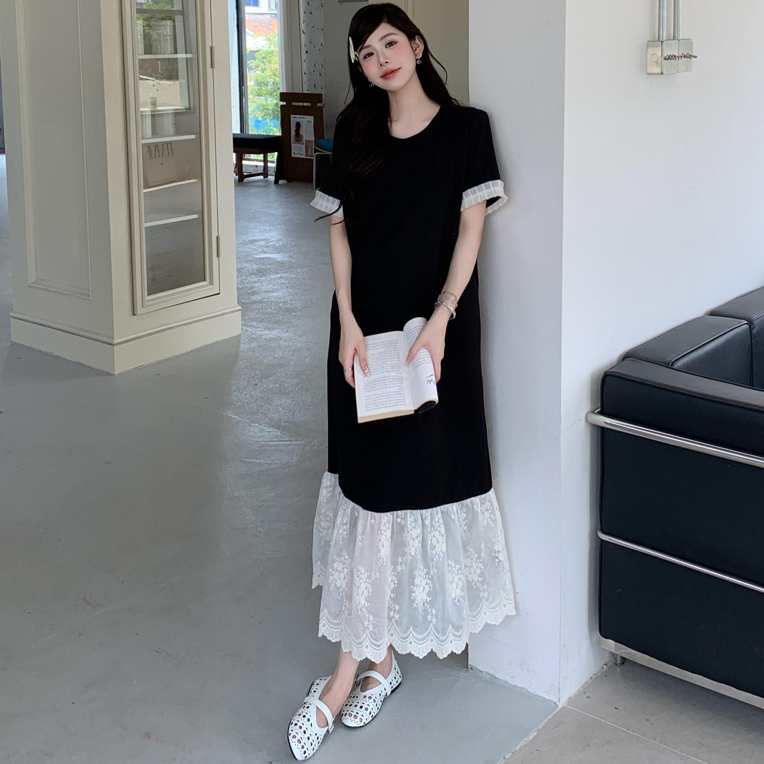 

DIMANAF 2025 Plus Size Dress Women Summer Vintage Dress Basic Long Loose Casual Spliced Dress Elegant 3XL чёрный