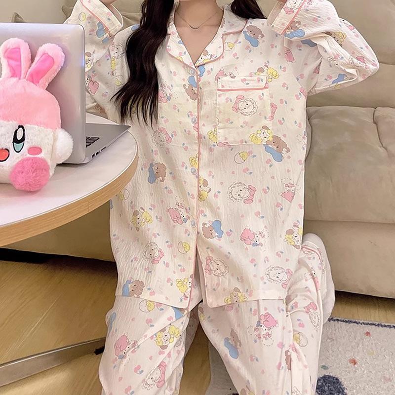Milk Huhu Cute Cartoon Printed Pajamas Women'S Autumn Long-Sleeved Suit Loose Loungewear Can Be Worn Outside