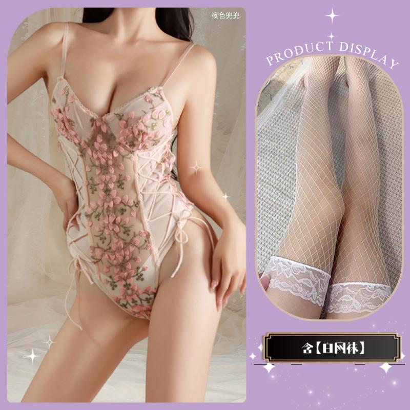Lace Deep V Embroidery Suspender Inside with Onesie Backless Retro Floral Sexy Strap Splicing Mesh Flower
