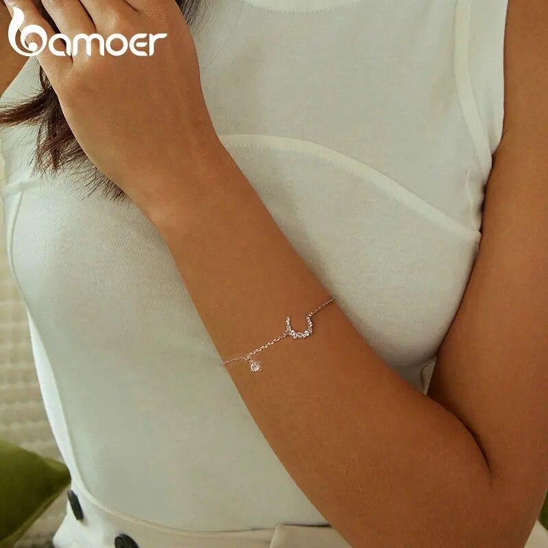 Bamoer 925 Sterling Silver Moon Bracelet, White Gold Plated Personalized Moonlight Dainty Link Chain Bracelet for Women