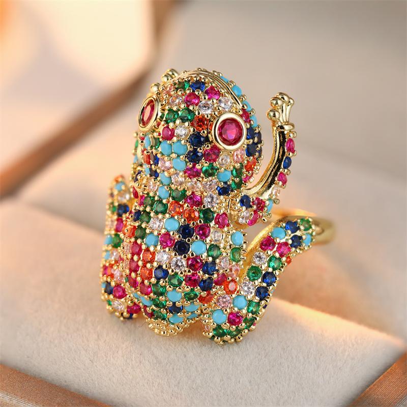 Luxury Inlaid Multicolored CZ Frog Women's Ring Aesthetic Gold Color Geometry Daily Wear Party Jewelry Anniversary Gift