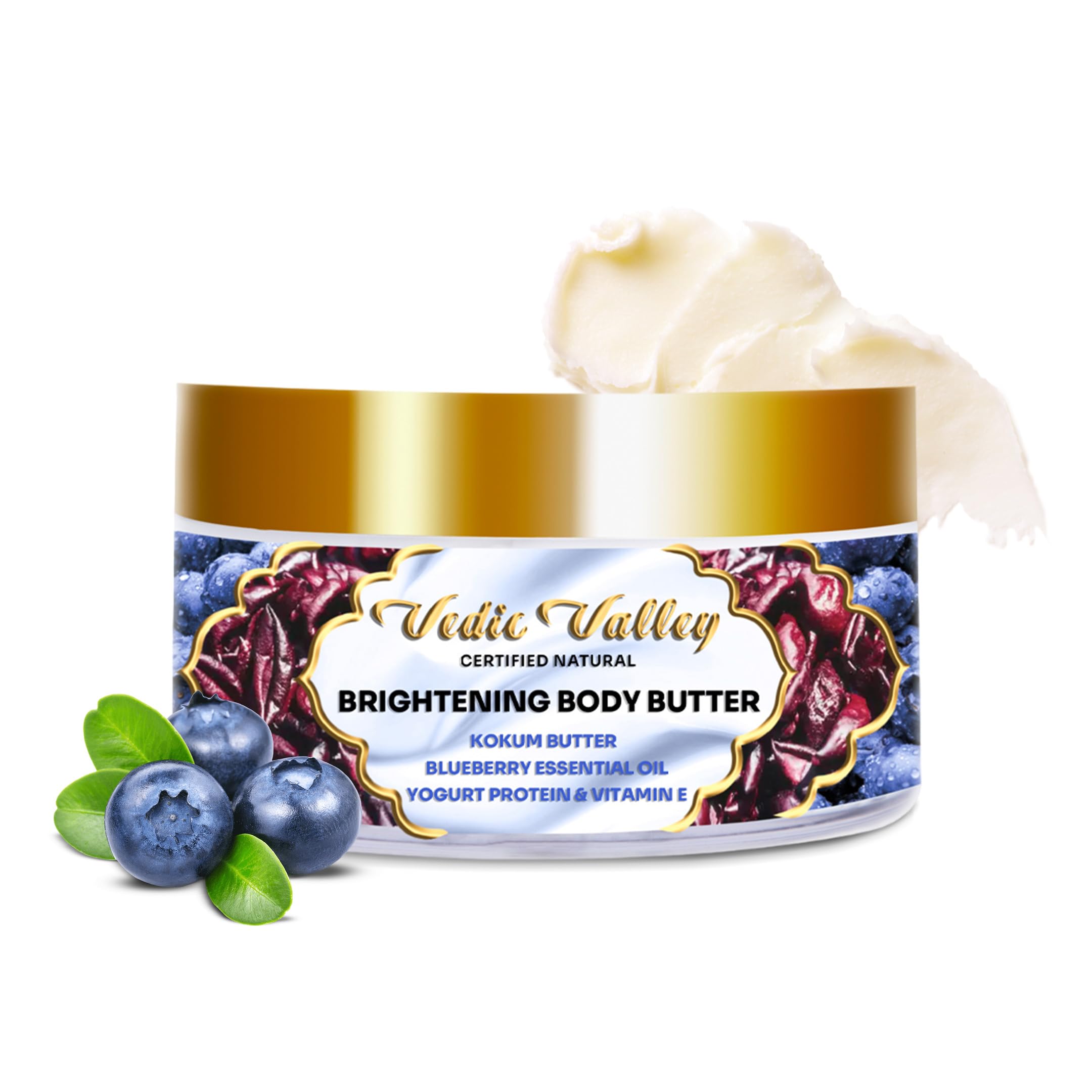 Vedic Valley Brightening Body Butter for Women & Men with Kokum Butter, Blueberry Essential Oil, Yogurt Protein & Vitamin E | Body Butter for Dry,