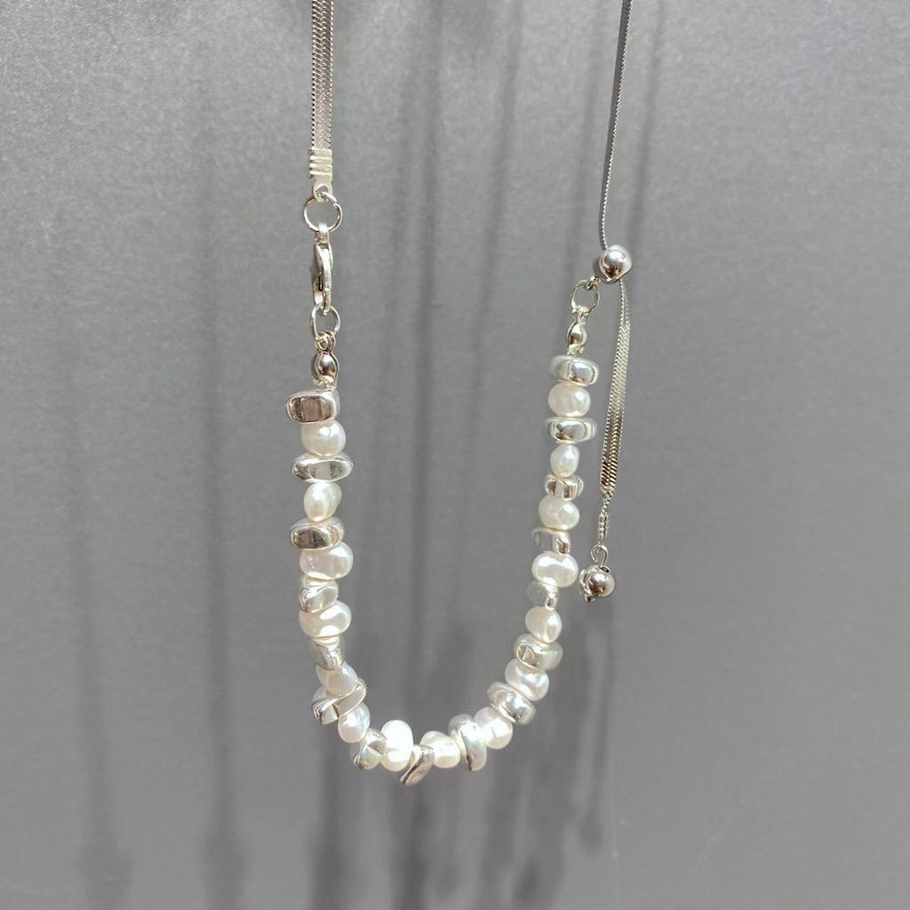 Niche Design Broken Silver Special-Shaped Pearl Splicing Necklace Female Cold Wind Simple Versatile Pull-Out Collarbone Chain