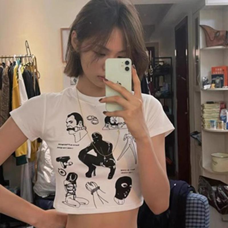 European, American English slogans Printed sexy exposed navel short T-shirt fashionable round neck slim slim top women's multi-picture