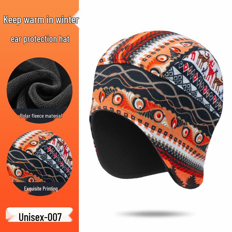 Windproof Fleece Lei Feng Hat: Warm, Faux Cashmere Printed Design with Ear Protection for Cycling