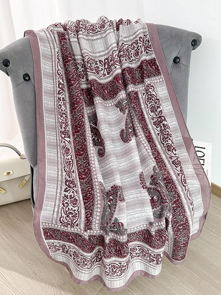 Elegant Women Retro Beach Silk Scarf Striped Print Wrap Shawl Lady Sunscreen Bandanas Hijab Scarve Pareo Headscarf Casual Boho