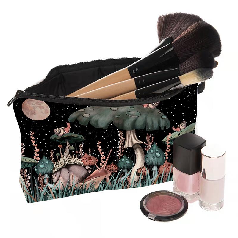 1pc Vintage Mushroom Moon Pattern Makeup Bag Pouch for Women Girls Travel Portable Makeup Storage Bag